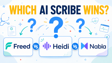Freed vs Heidi vs Nabla AI medical scribe comparison showing the three medical documentation platforms with question marks asking which AI scribe is best in 2026.